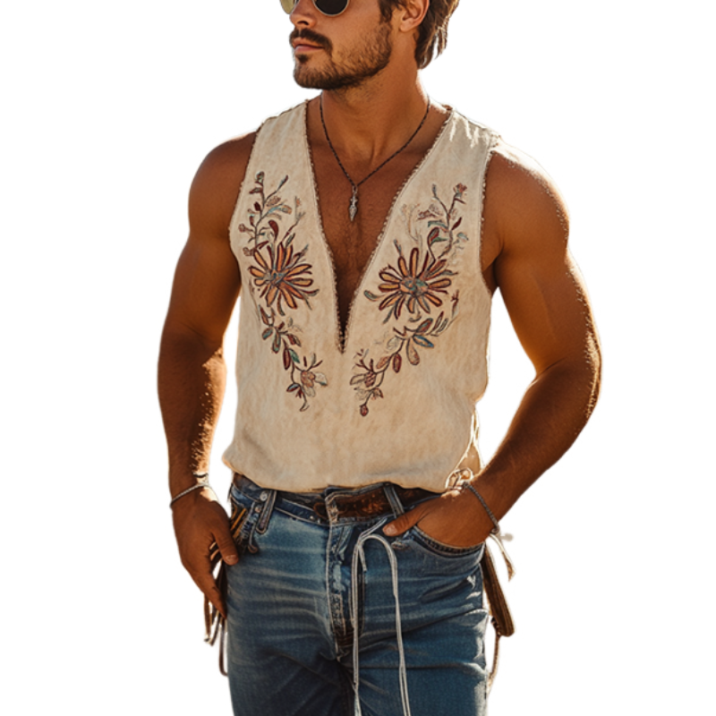 Men's American Western Cowboy Style Suede Embroidered Deep V Neck Tank Top 00494118K