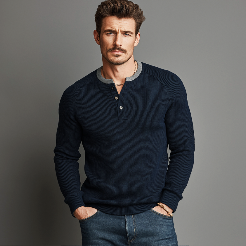 Men's Classic Color-Blocked High-Stretch Slim-Fit Knitted Henley Shirt MTZ2023A8U