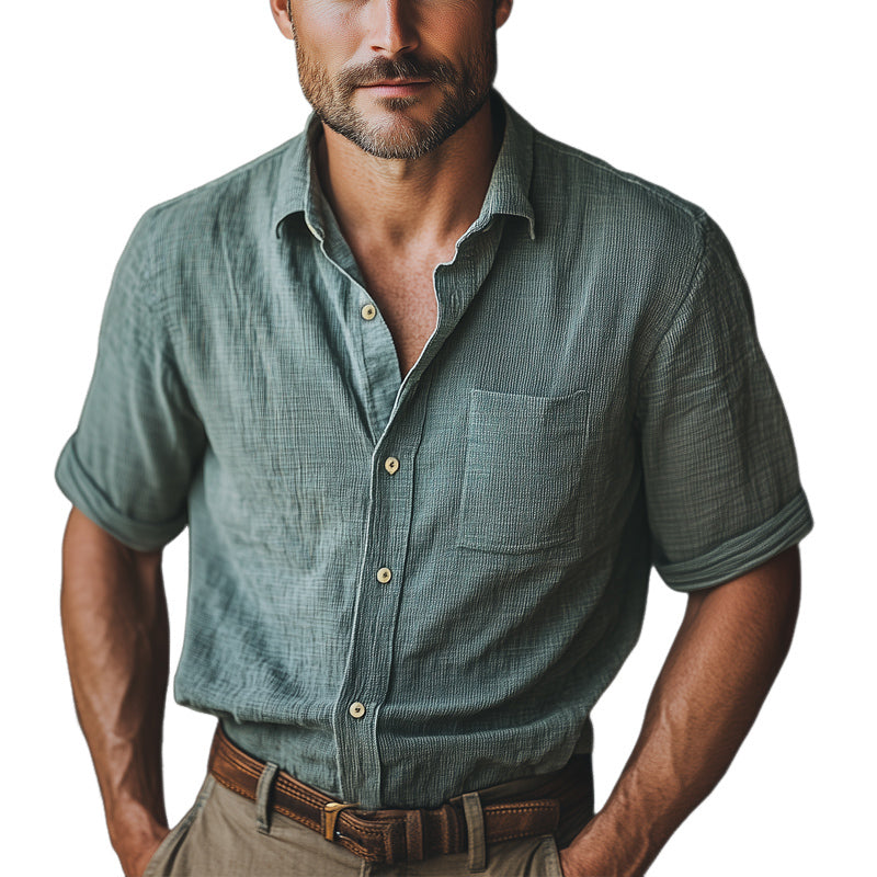 Men's Summer Basic Textured Button Short Sleeve Shirt MTA0892E1U
