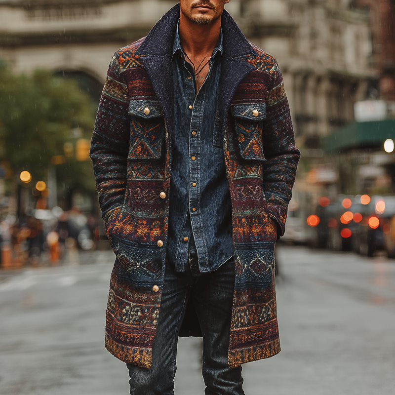 Men's Vintage Faux Wool Multicolor Printed Single-breasted Coat MTA1008J0U
