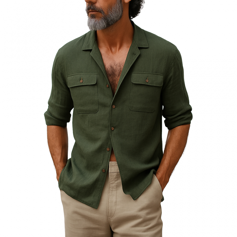 Men's Casual Breathable Cotton Linen Lapel Chest Pocket Slim Fit Long Sleeve Shirt MTA1297E6M
