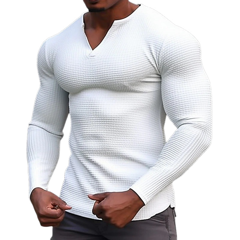 Men's Classic Casual Slim Fit V-Neck Waffle Long Sleeve T-Shirt 96240935K