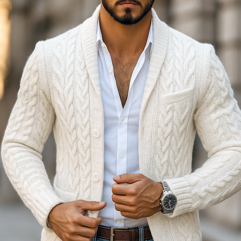 Men's Solid Cable Knit Lapel Single Breasted Cardigan MTA0118I9Z