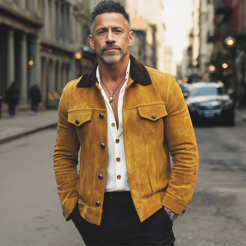 Men's Vintage Colorblock Collar Button Suede Jacket MTA2224H5U