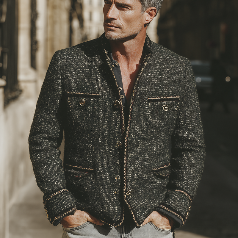 Men's Stylish Winter Jacket With Herringbone Pattern And Ribbed Collar MTA1803I3P