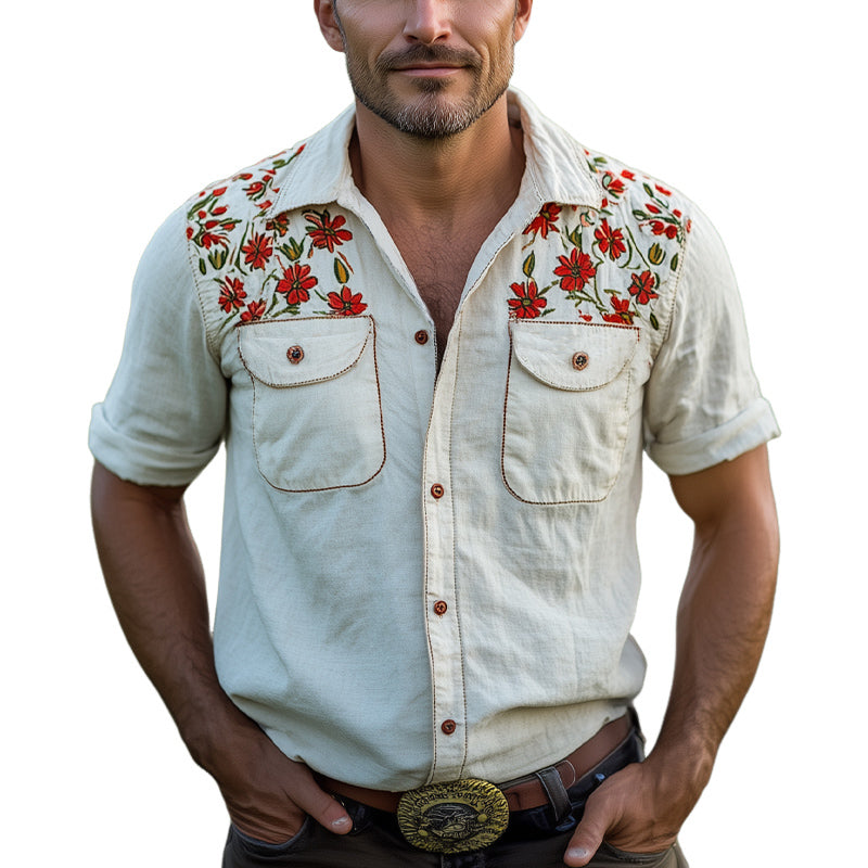 Men's Summer Cotton Floral Embroidery Short Sleeve Shirt MTA2810D5U