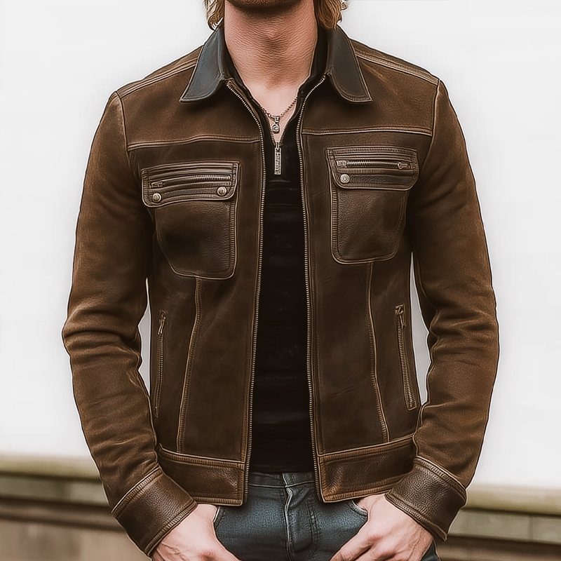 Men's Vintage Suede And PU Leather Patchwork Zipper Jacket MTA0854I5U