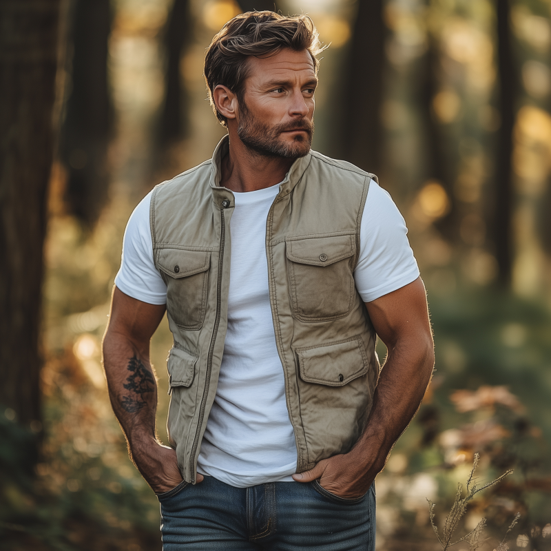 Men's Casual Outdoor Washed Cotton Stand Collar Zipper Placket Multi-pocket Work Vest MTA2119G4M
