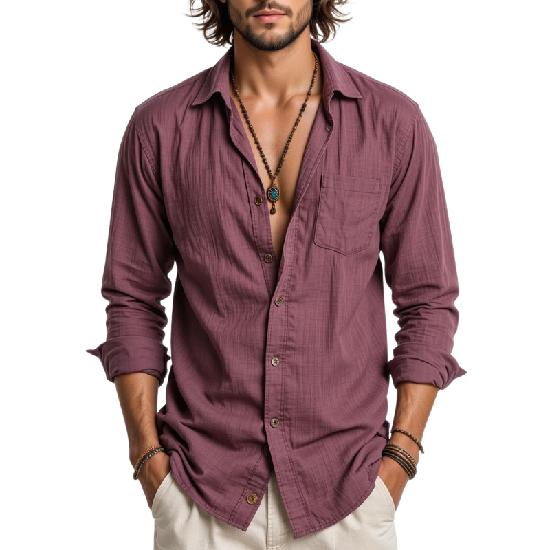 Men's Solid Lapel Long Sleeve Shirt MTA3062G4Z