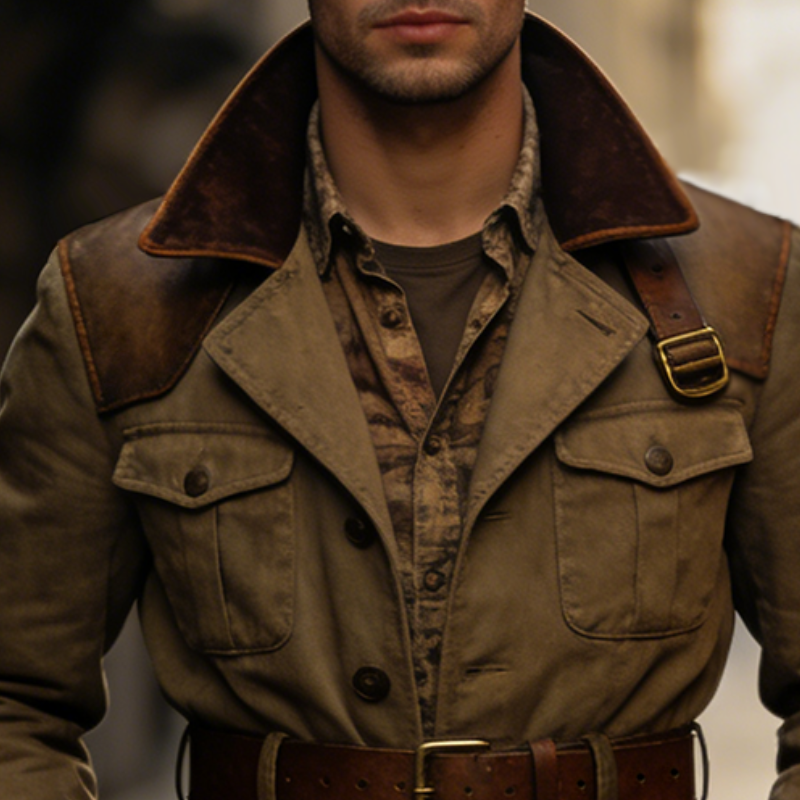 Men's Casual Retro Distressed Cotton PU Button-down Lapel Jacket MTA1589L6TO