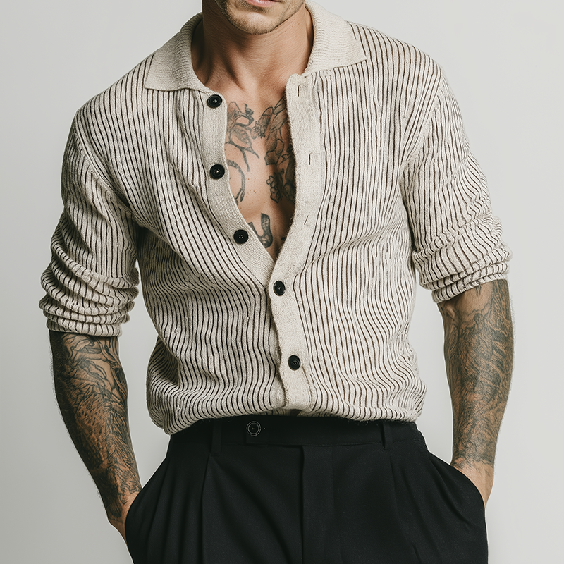 Men's Retro Casual Knit Striped Collarless Long-Sleeve Shirt MTZ0460B2TO