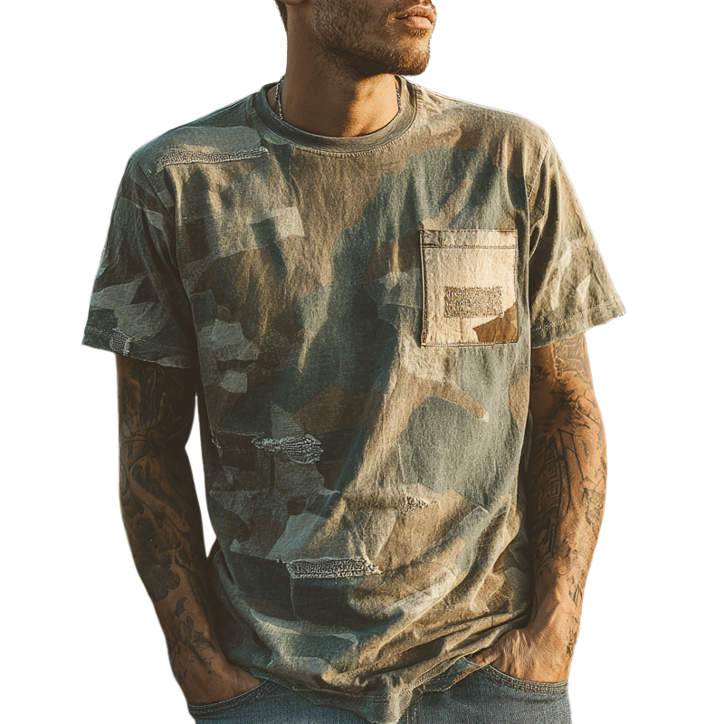 Men's Retro Camouflage Printed Round Neck Short Sleeve T-Shirt MTA1939F5X