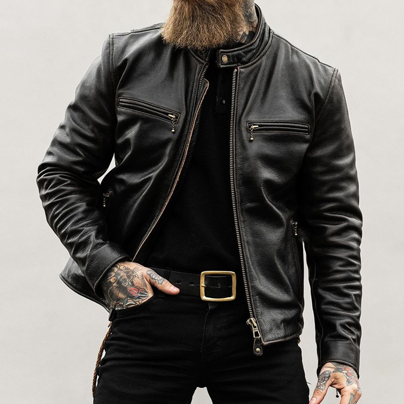 Men's Vintage Stand-up Collar PU Leather Jacket MTA1708I1U