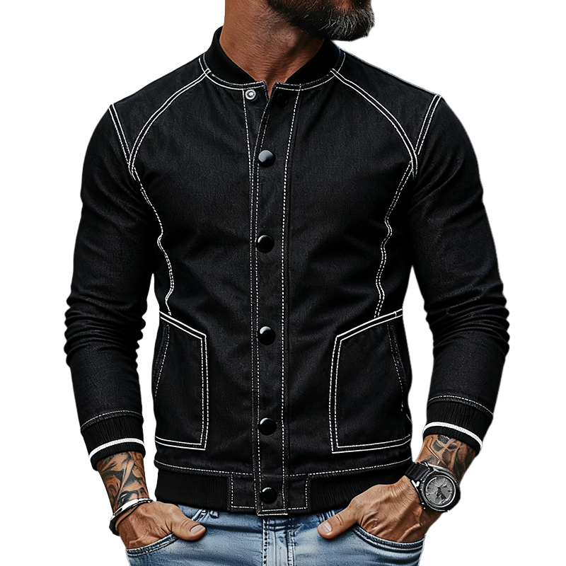 Men's Casual Color-blocked Washed Baseball Collar Button Jacket MTA2919J8X