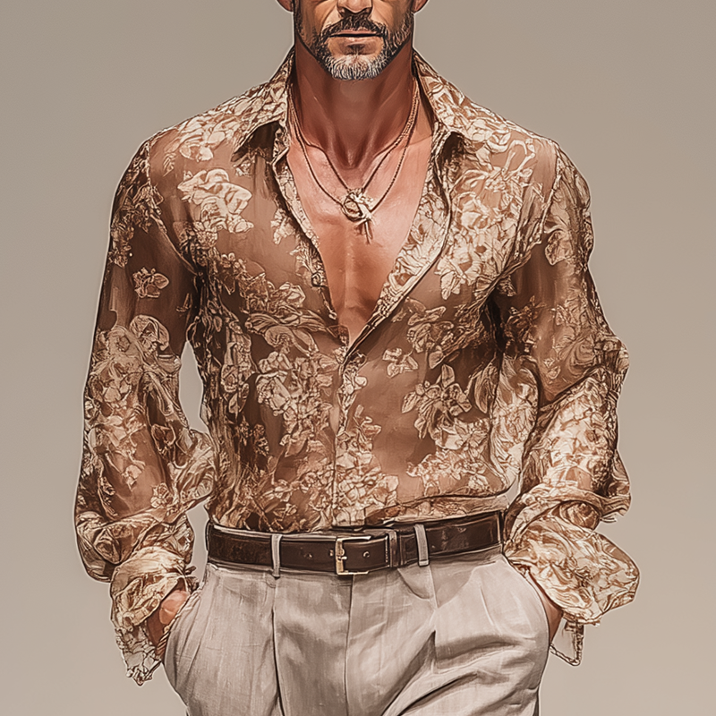 Men's Vintage Printed Chiffon Long Sleeve Shirt MTA1858G0P