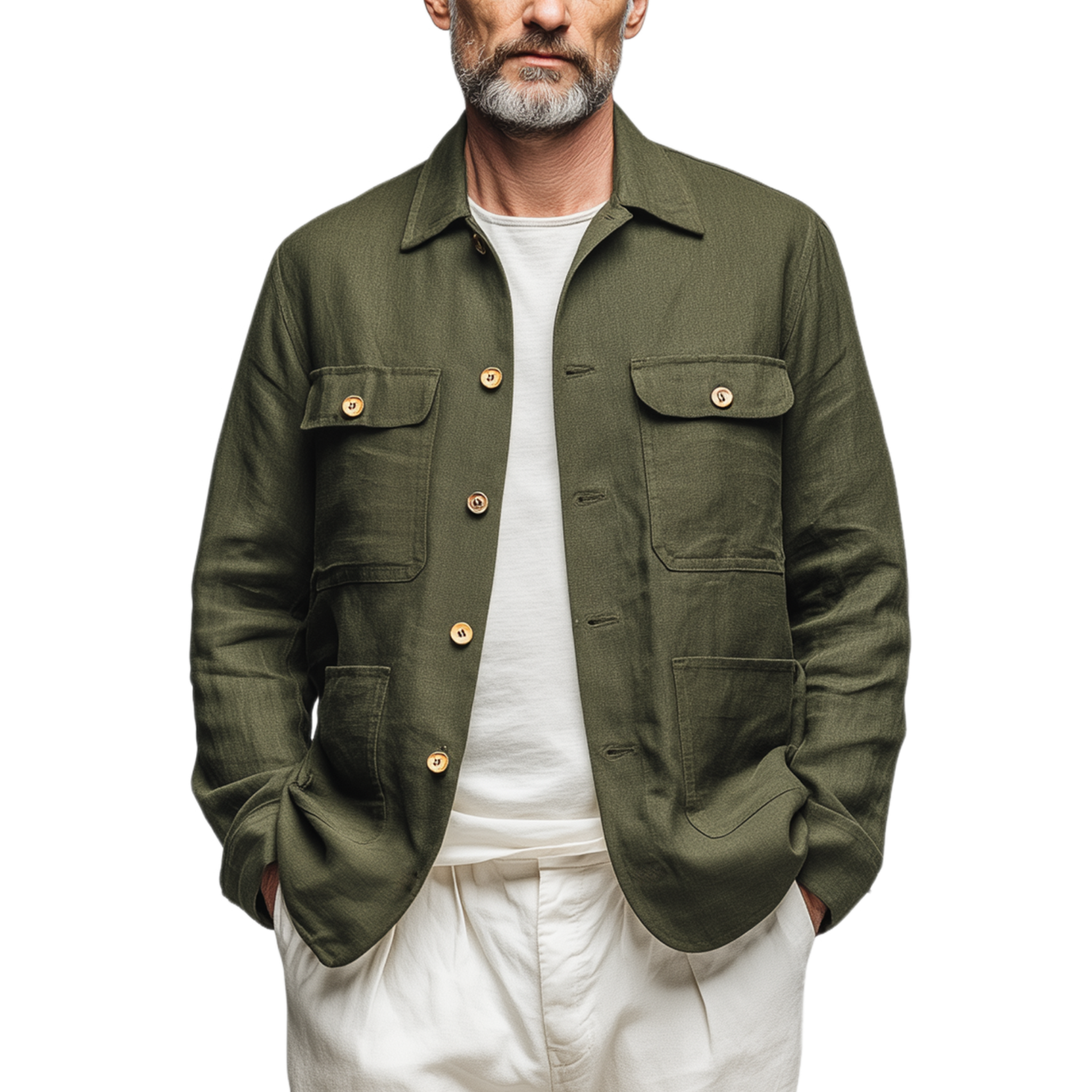 Men's Classic Casual Lapel Collar Cotton And Linen Blend Multi-pocket Long-sleeved Shirt MTA2501G9K