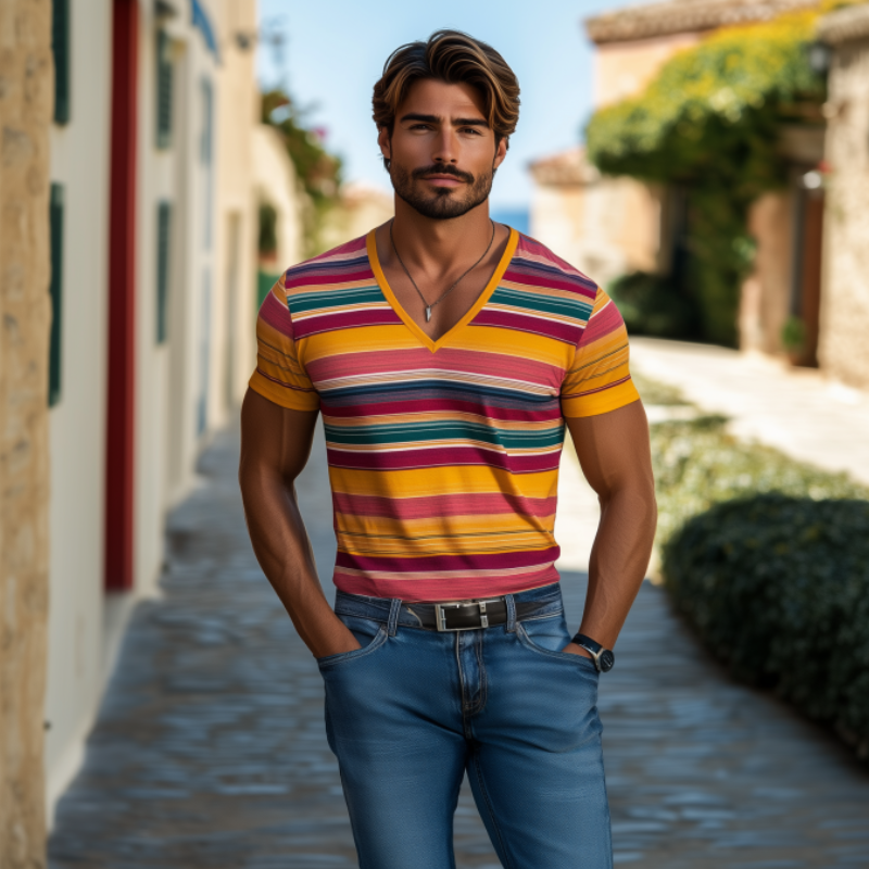 Men's Casual V-neck Contrast Striped Cotton Slim Fit Short-sleeved T-shirt 90879471K