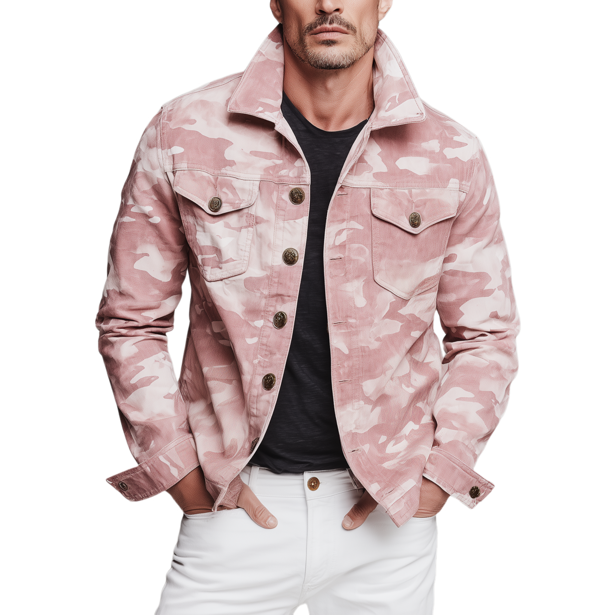 Men's Classic Casual Pink Camouflage Pattern Cotton Blend Lapel Jacket MTA2816H9K