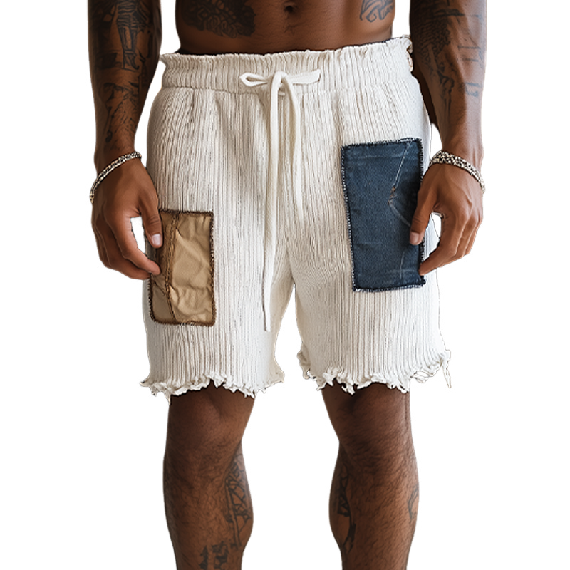 Men's Spring And Summer Fashion Casual Denim Patchwork Trousers Raw Edge Knitted Shorts MTA2007F7K