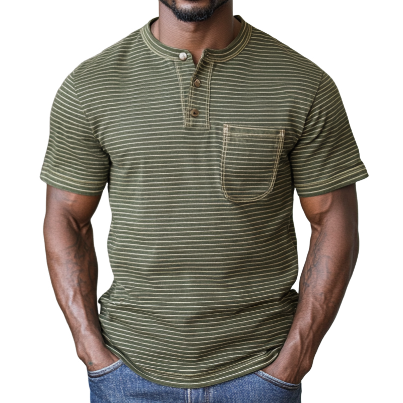 Men's Casual Premium Cotton Striped Henley Collar Patch Pocket Slim Fit Short Sleeve T-Shirt MTA0816E2M