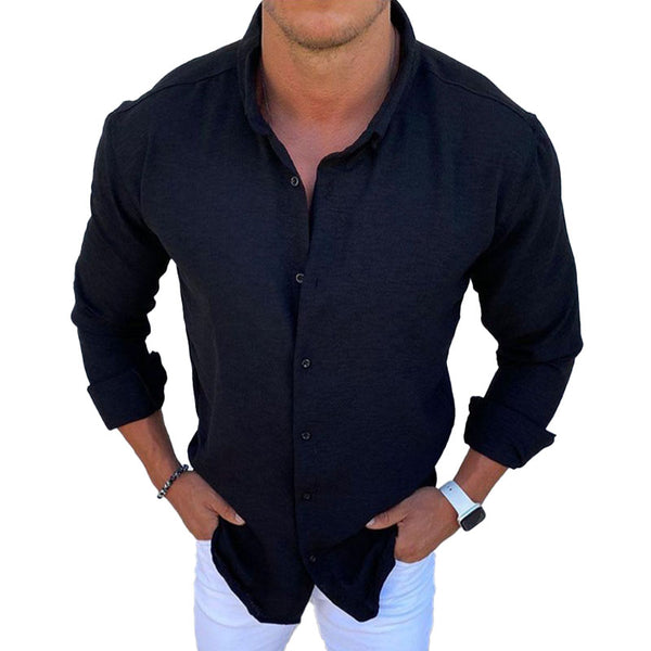 Men's Casual Lapel Solid Color Cotton Linen Single Breasted Long Sleeve Shirt 03320073M