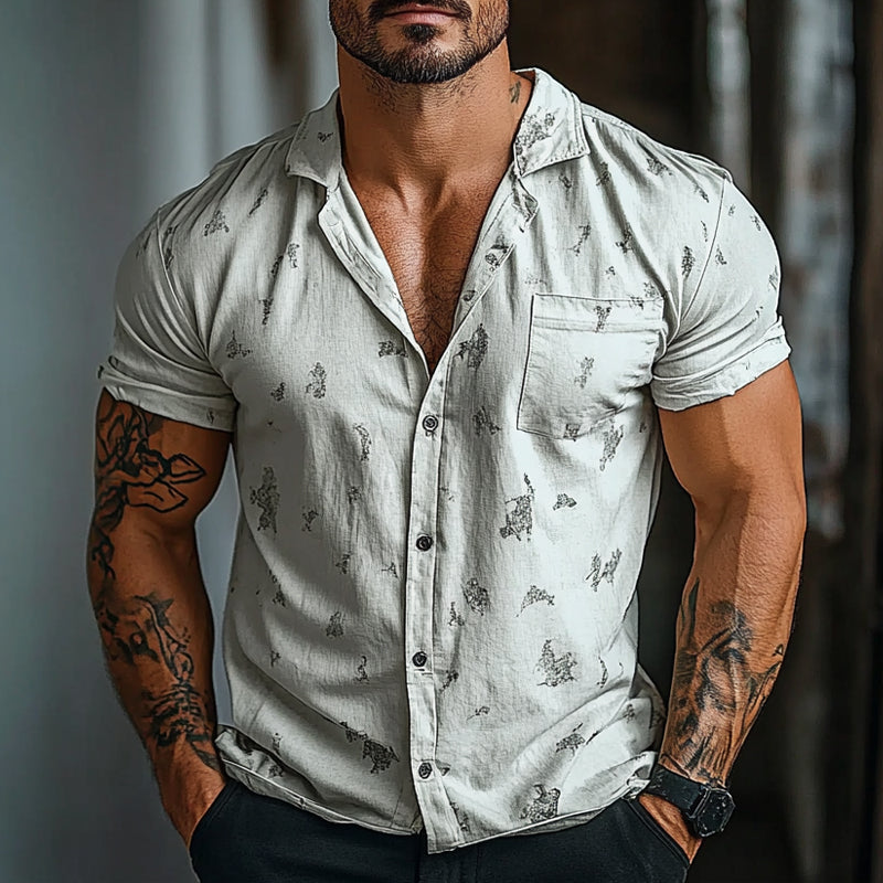 Men's Printed Lapel Pocket Short Sleeve Shirt 84163768X