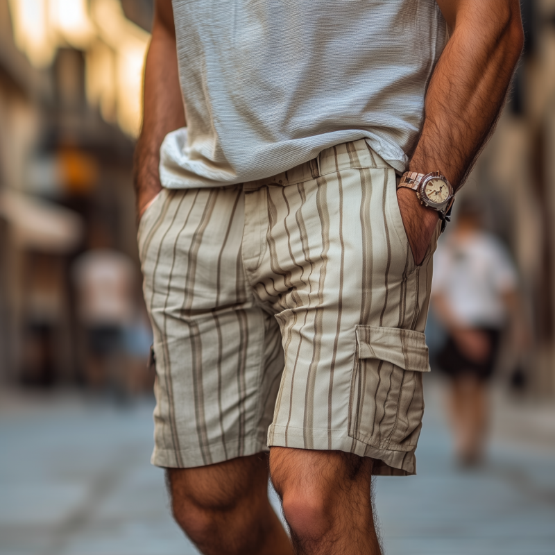 Men's Casual Breathable Contrast Stripe Cotton Multi-Pocket Cargo Shorts MTA0988F2M