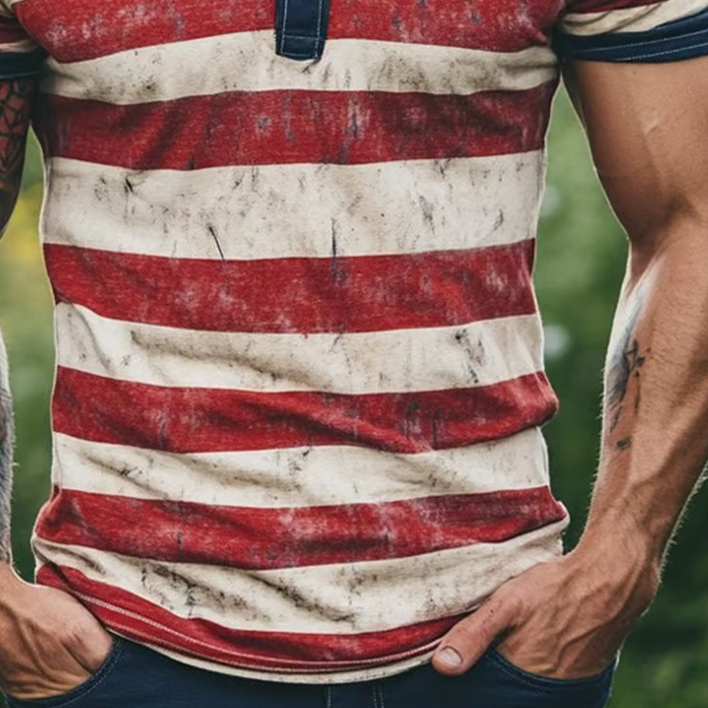 Men's Stripe Print Henley Neck Short Sleeve T-Shirt MTA2634F3X