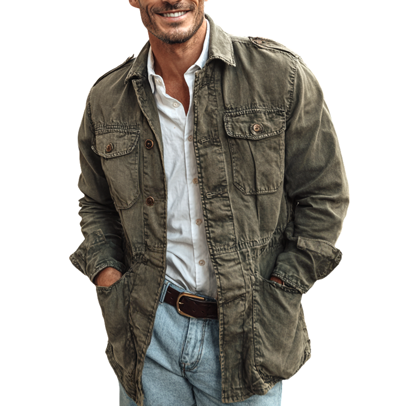 Men's Washed Distressed Military Style Lapel Multi-pocket Single Breasted Jacket MTA0547I1Z