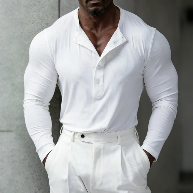 Men's Retro Casual Solid Color Ribbed Henley Collar Long Sleeve T-shirt MTZ1142B7TO