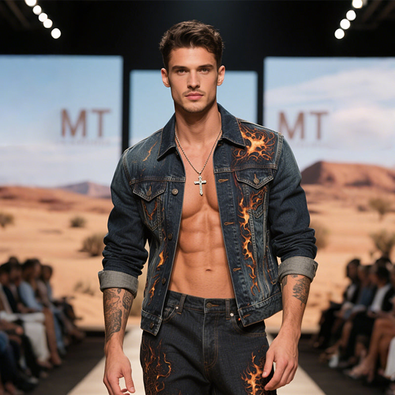 Men's Retro Casual Washed Denim Flame Print Lapel Single Breasted Jacket  MTA2921E0TO