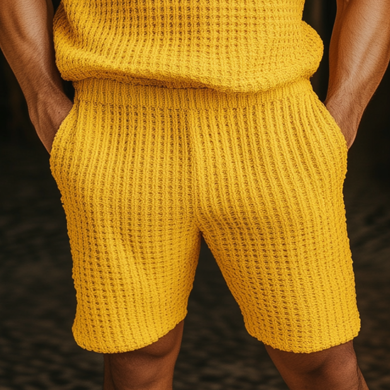 Men's Spring And Summer Fashion Casual Bright Color Round Neck Knitted Short-sleeved T-shirt Elastic Waist Knitted Shorts Set MTA2089F7K