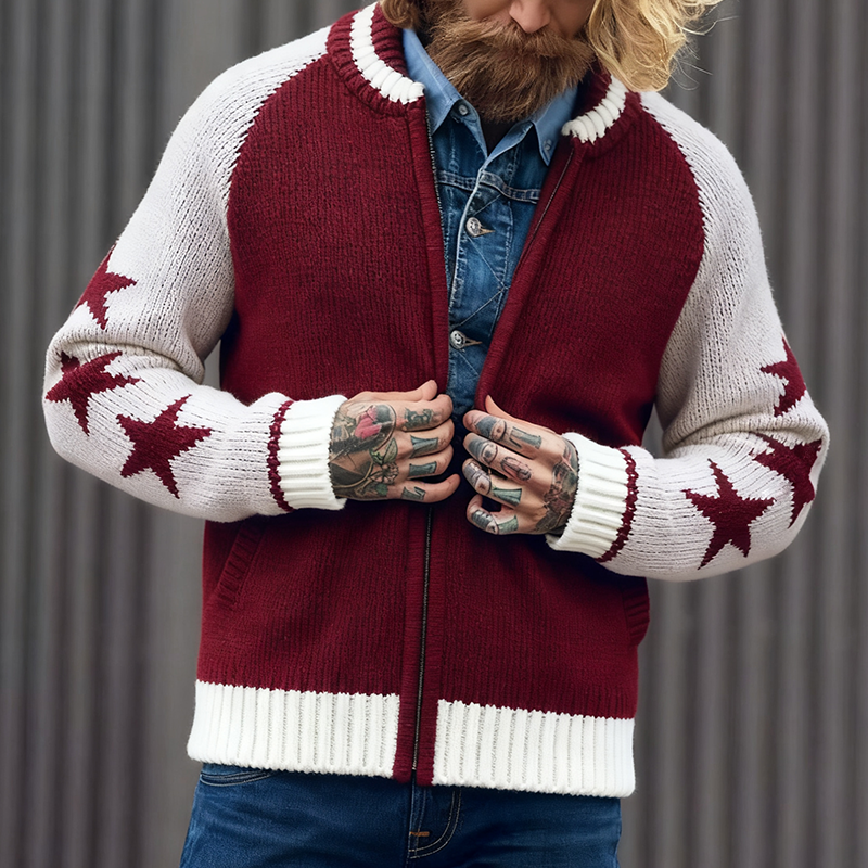 Men's Retro Casual Star Knit Colorblock Zipper Jacket Cardigan MTA2449J5TO