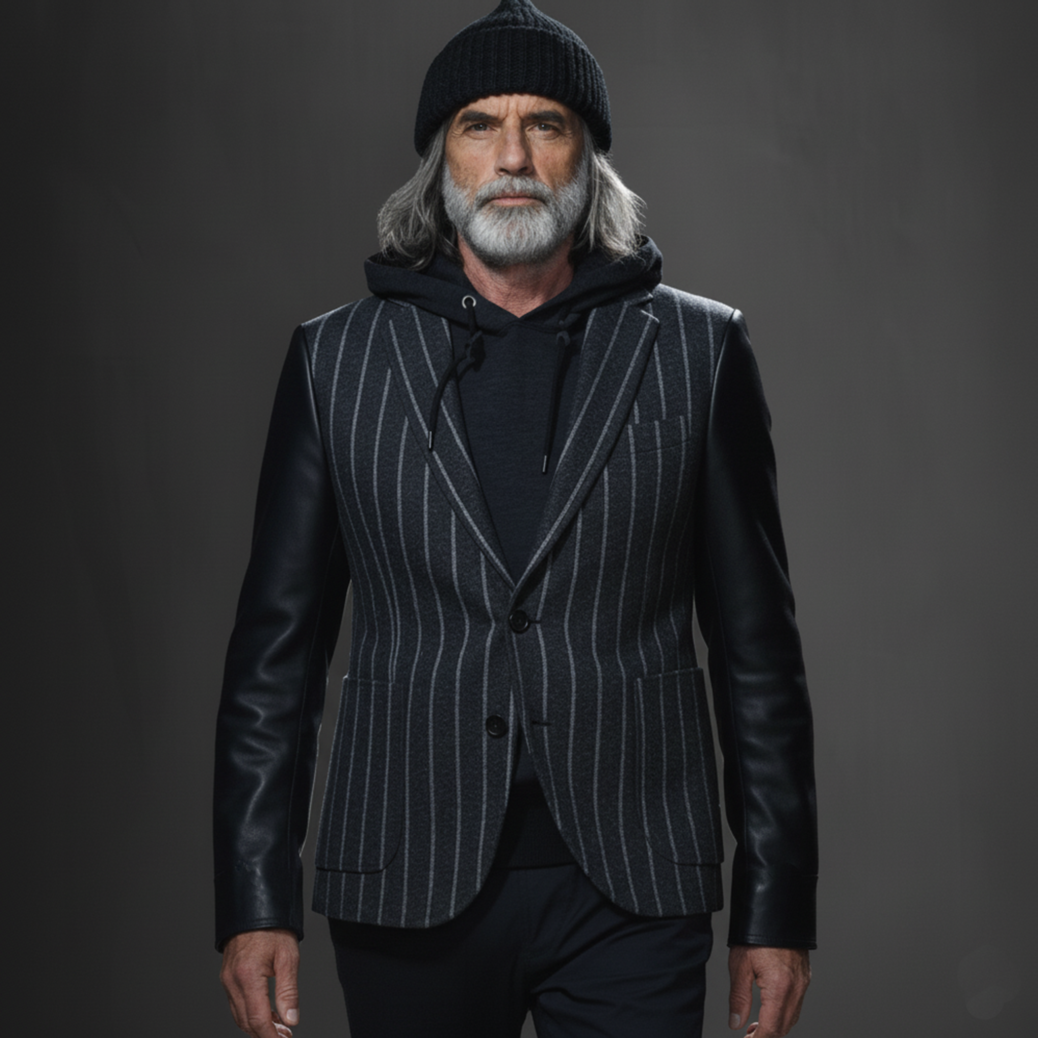 Men's Classic Retro Sleeves Stitching PU Leather Single-breasted Faux Woolen Blazer MTA2803I8K