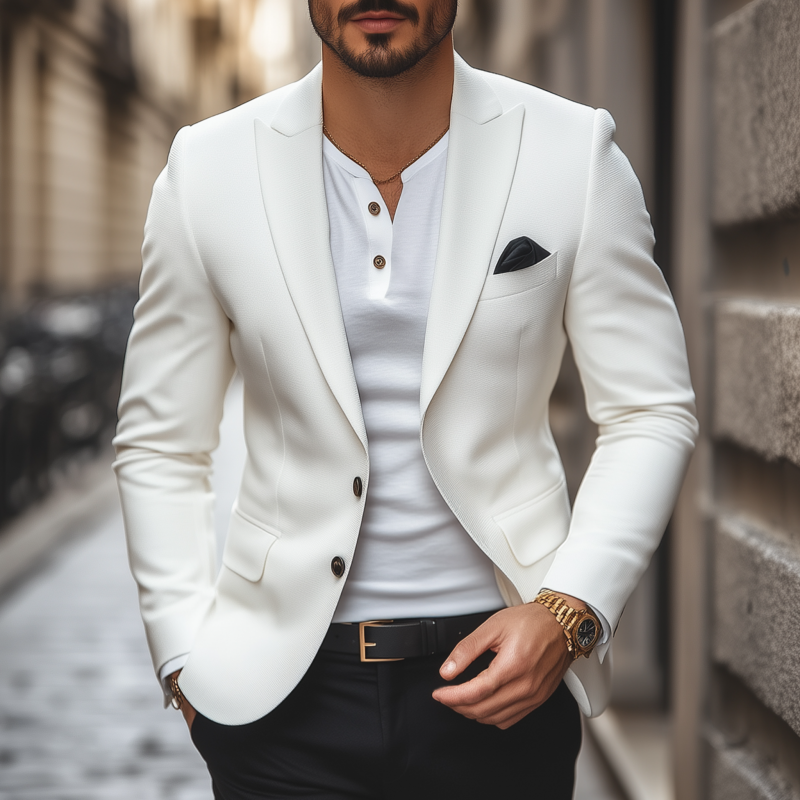 Men's Casual Solid Color Horizontal Striped Textured Fabric Peaked Lapel Single-breasted Slim-fit Blazer MTA2584G1M