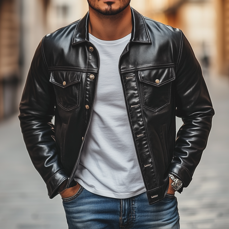 Men's Fashion Vintage Solid Color PU Lapel Single Breasted Slim Fit Motorcycle Jacket MTA1443H0M