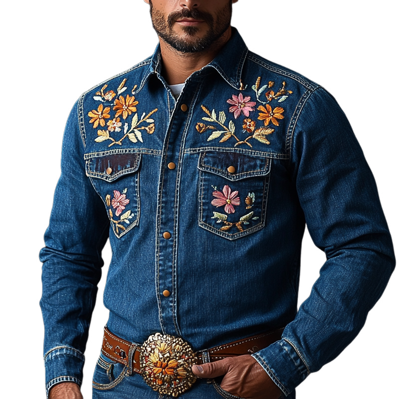 Men's Western Cowboy Style Embroidered Lapel Chest Pocket Long Sleeve Denim Shirt 10549958Z