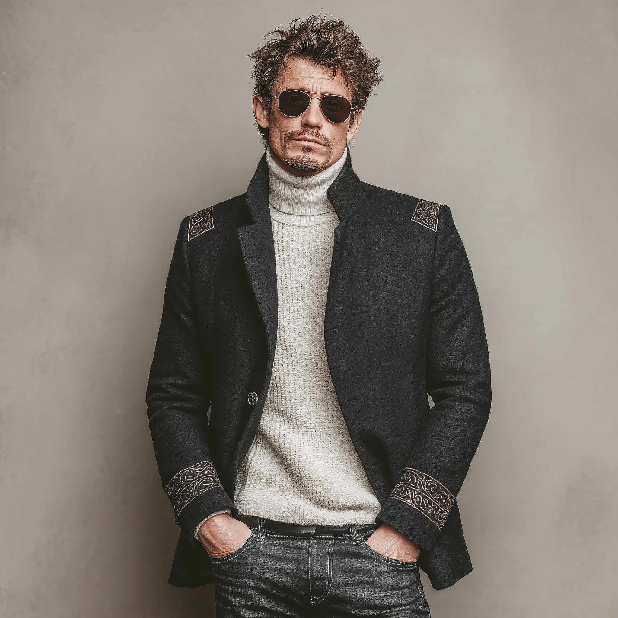 Men's Classic Retro Stand-up Collar Embroidered Faux Wool Jacket MTA0692K2K