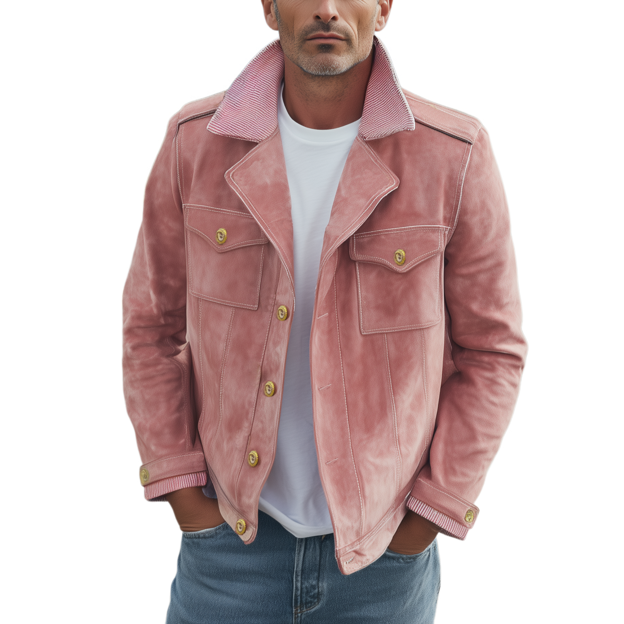 Men's Classic Vintage Collar And Cuffs With Corduroy Epaulettes In Pink Suede Motorcycle Jacket MTA2720H9K