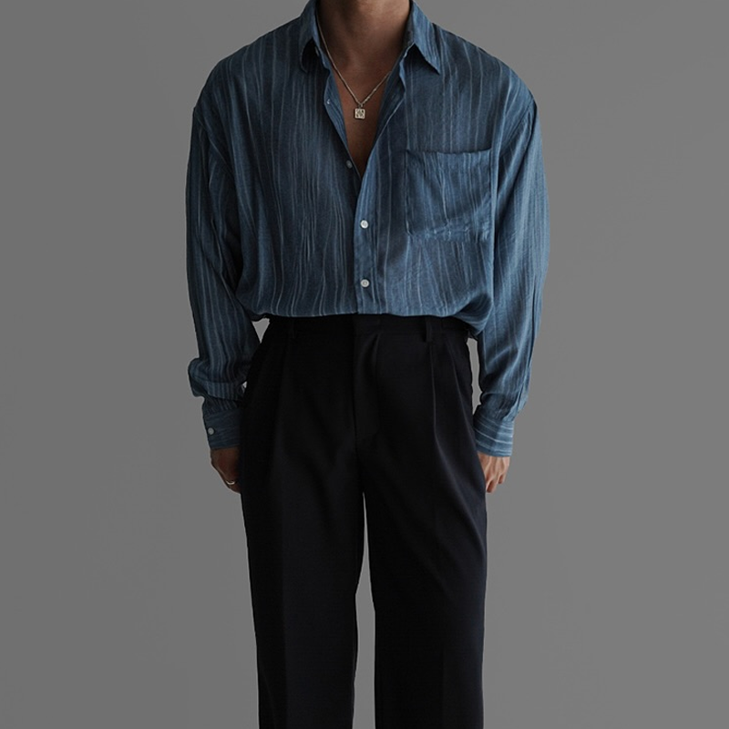 Men's Striped Loose Lapel Long Sleeve Casual Shirt MTA0695E9Z