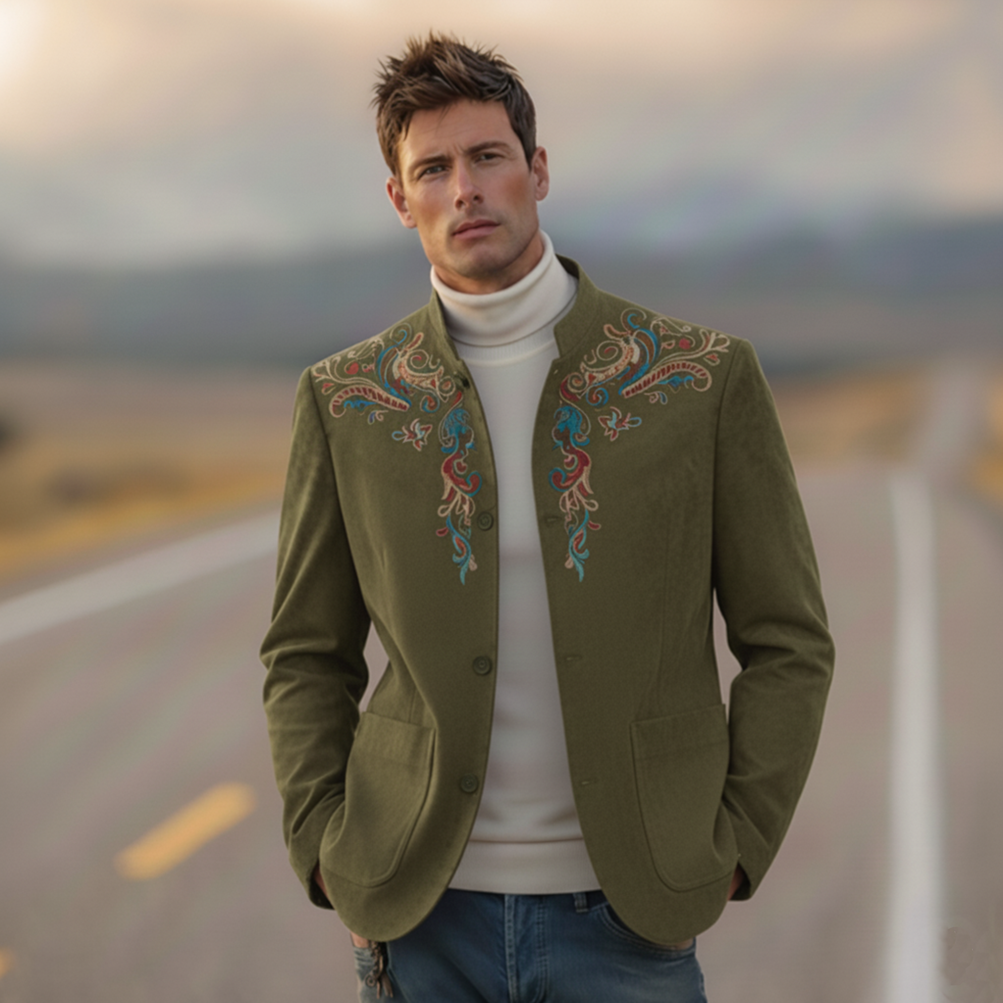 Men's Classic Retro Western Style Stand-up Collar Embroidered Faux Suede Jacket MTA1194K5K