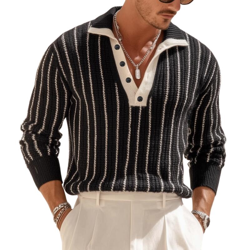 Men's Fashion Contrast Striped Breathable Knit Polo Neck Loose Pullover Sweater MTA2815H4M