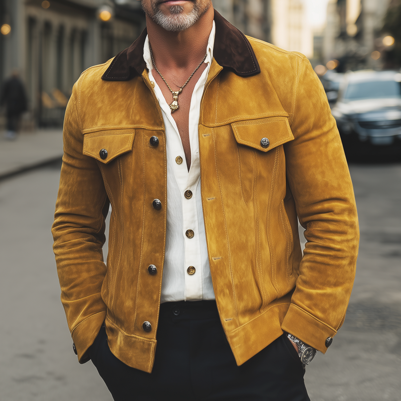 Men's Vintage Colorblock Collar Button Suede Jacket MTA2224H5U