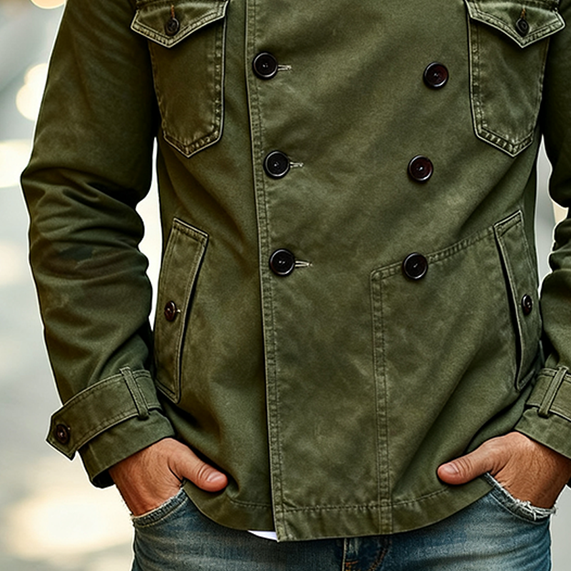 Men's Vintage Washed Cotton Double Breasted Stand Collar Jacket MTA1717J6X