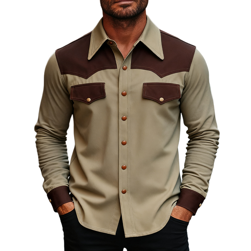 Men's Western Cowboy Style Colorblock Long Sleeve Shirt MTA2004J8X