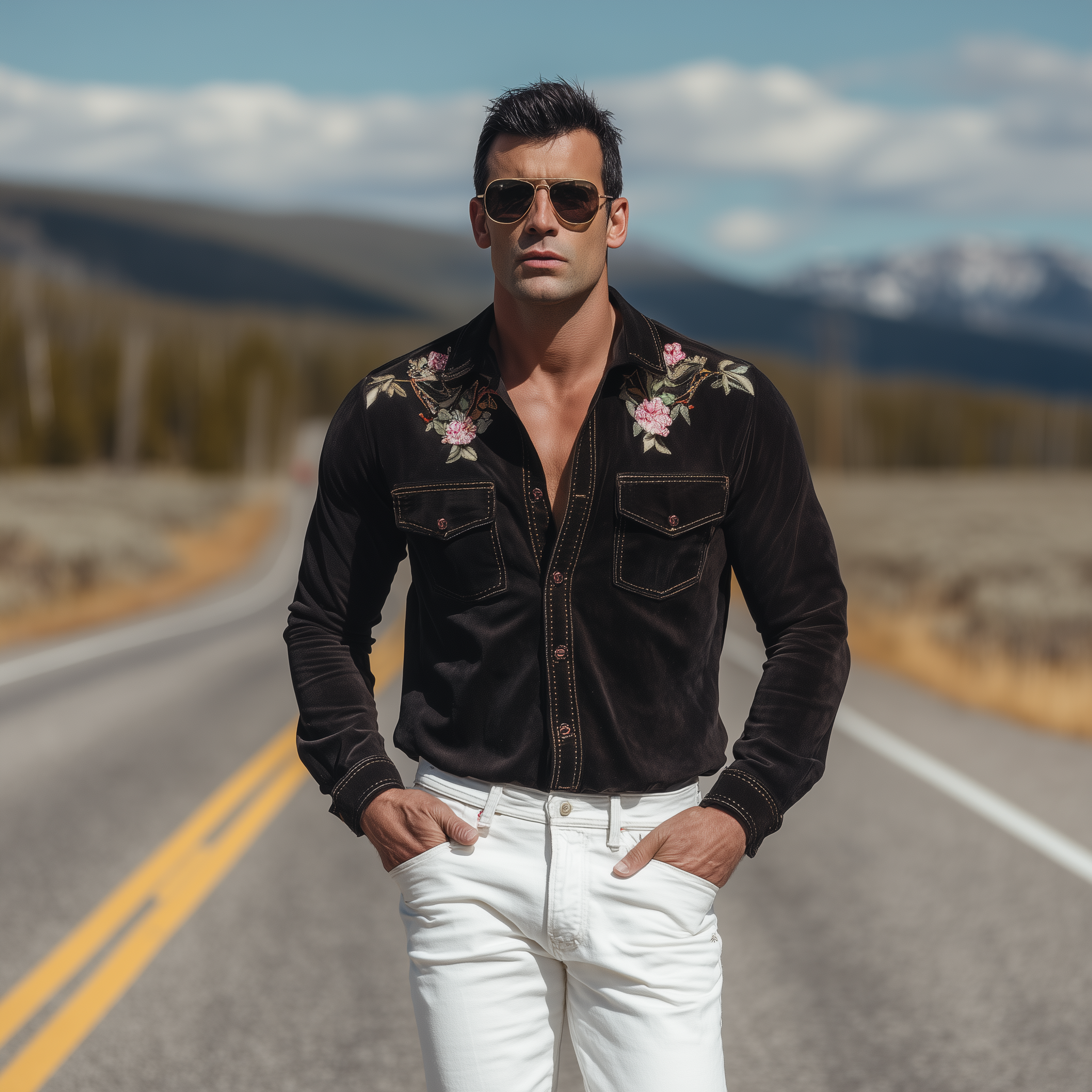 Men's Classic Retro Western Embroidered Suede Pocket Slim Fit Long Sleeve Shirt MTA1440H0K