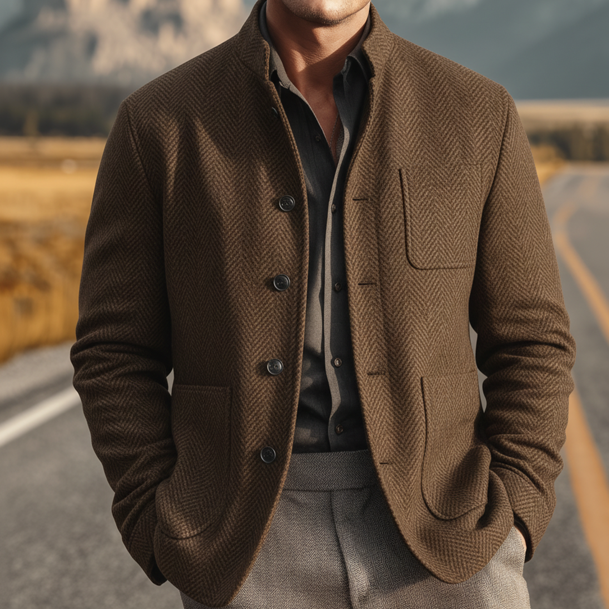 Men's Classic Casual Stand-up Collar Multi-pocket Herringbone Faux Wool Jacket MTA2241I5K
