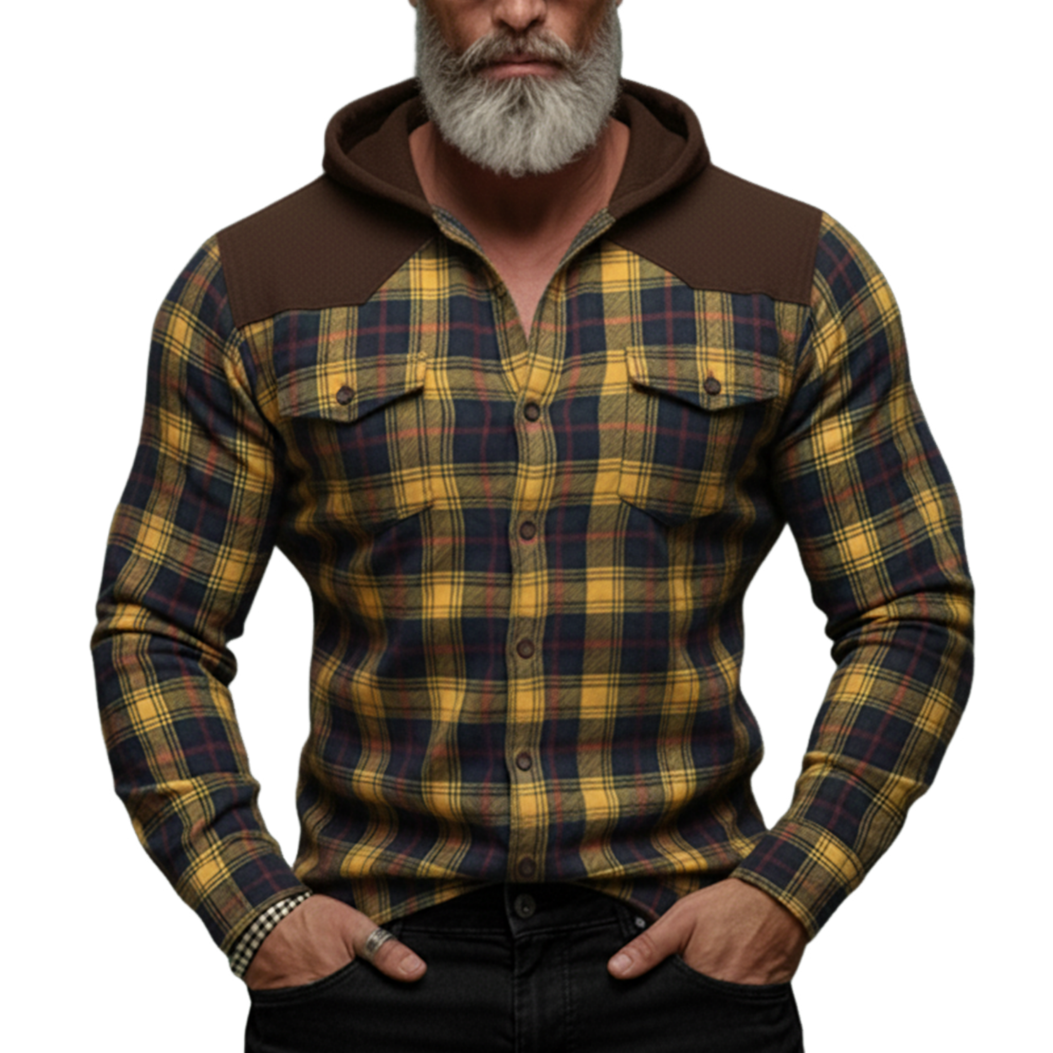Men's Casual Rugged Style Patchwork Faux Suede Hooded Plaid Brushed Long-Sleeve Shirt MTA1313K7K