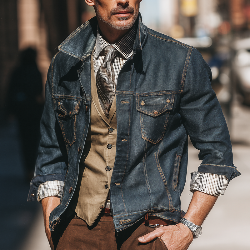Men's Vintage Washed Distressed Denim Thin Jacket MTA0208I5P