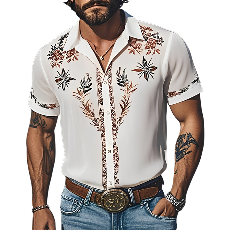 Men's Spring And Summer Fashion Casual Western Cowboy Style Light Chiffon Fabric Printed Short-sleeved Shirt MTA1632E8K
